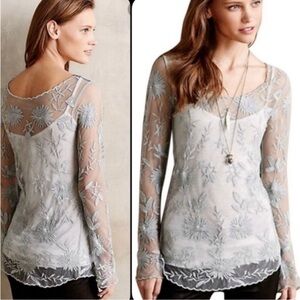 Anthropologie Everleigh Long Sleeve Sheer Embroidered Shirt | Size M